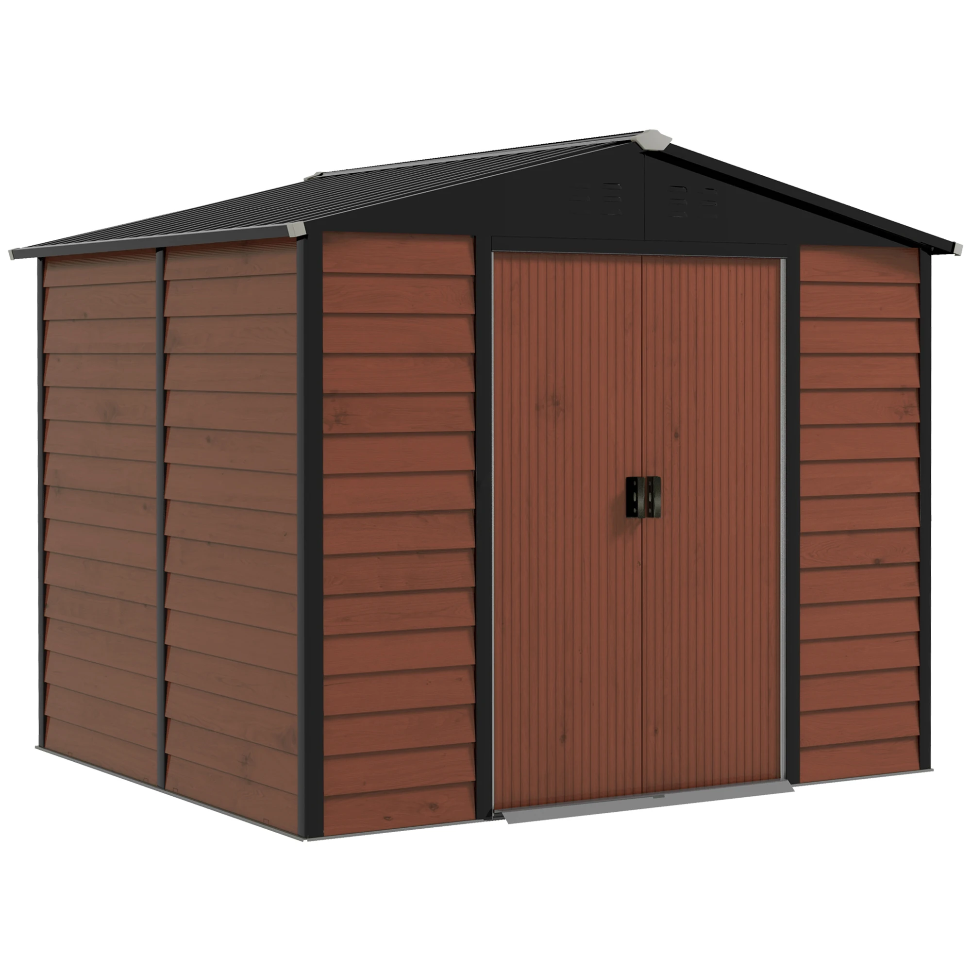 Abri de jardin 4,4 m², maisonnette de jardin avec toit incliné, porte coulissante, fondation, 240 x 206 x 198 cm, abri à outils en acier galvanisé, résistant aux intempéries, pour jardin, teck