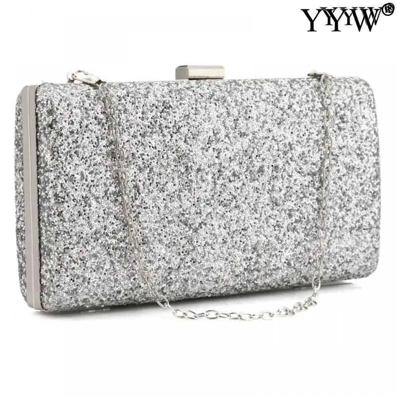 

Luxury Women Clutch Bag Sequin Box Bag Two Chain Elegant Sliver Wallet Purse For Ladies Party Purse Wedding Handbag Evening Bag