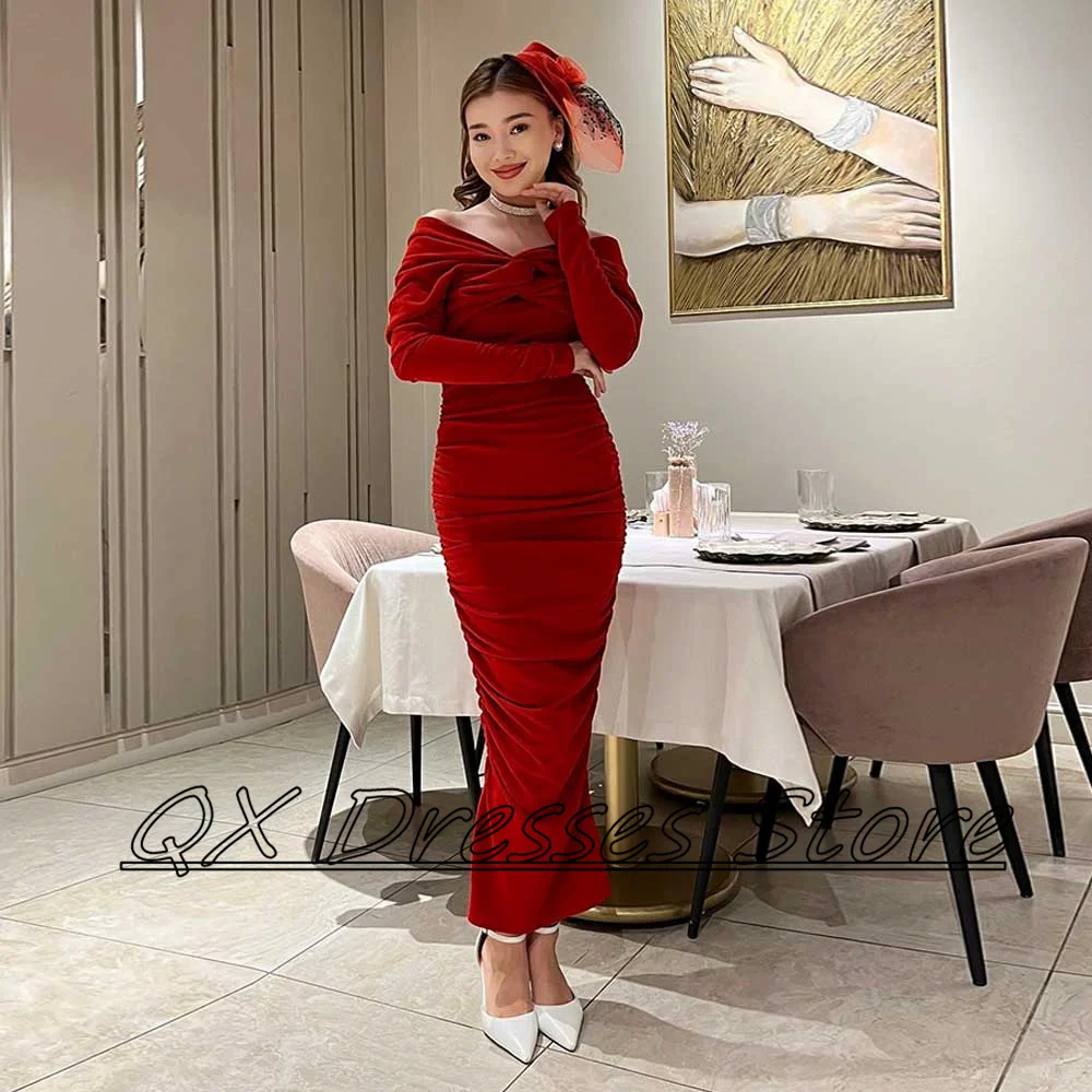 Jersey Sheath Dress For Mother of the Bride Off Shoulder Draped Long Sleeve Simple Evening Gowns Ankle-Length  Dresses