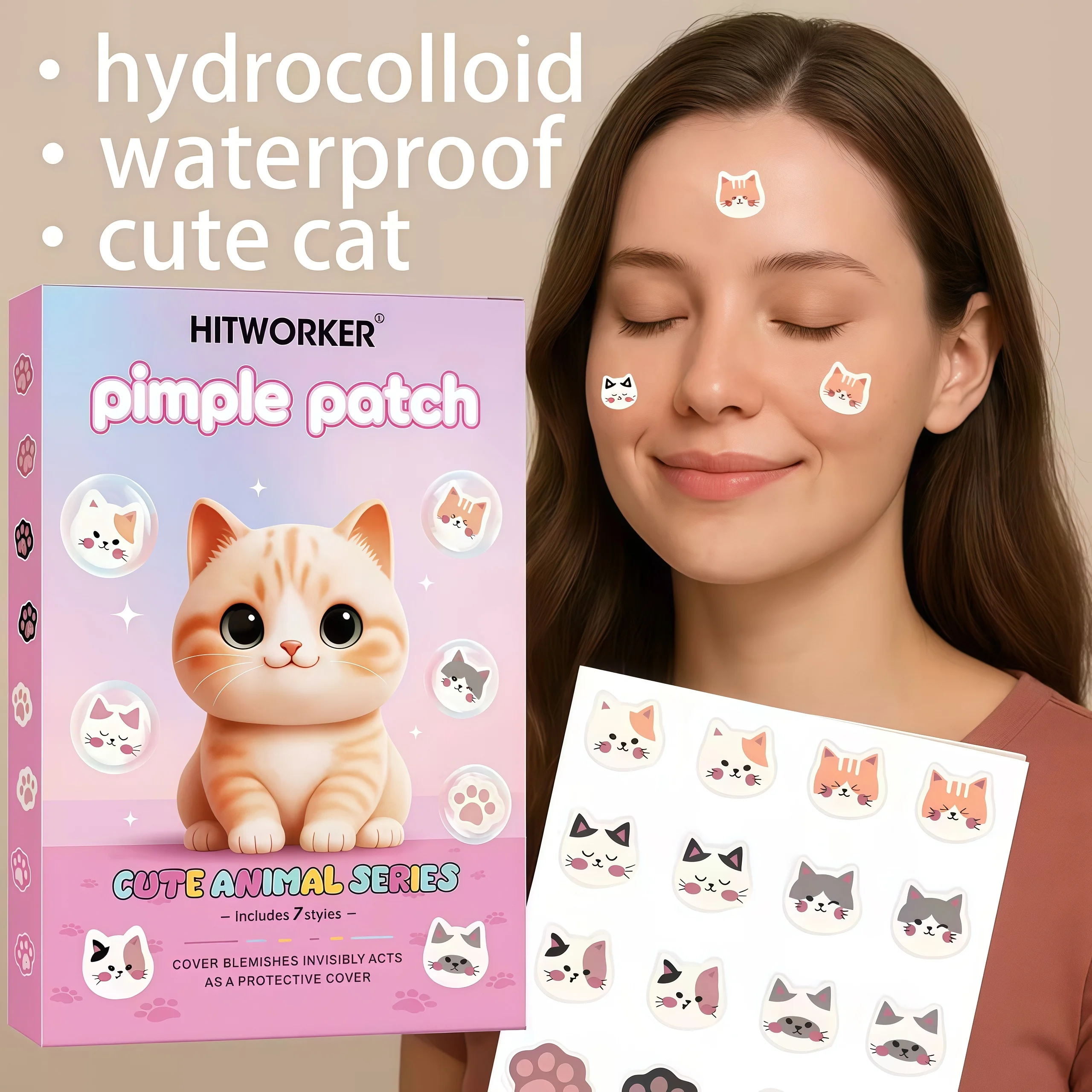 Cute Cat 7 Designs Acne Patches for Women Cover Conceal Cleanse Cartoon Stickers