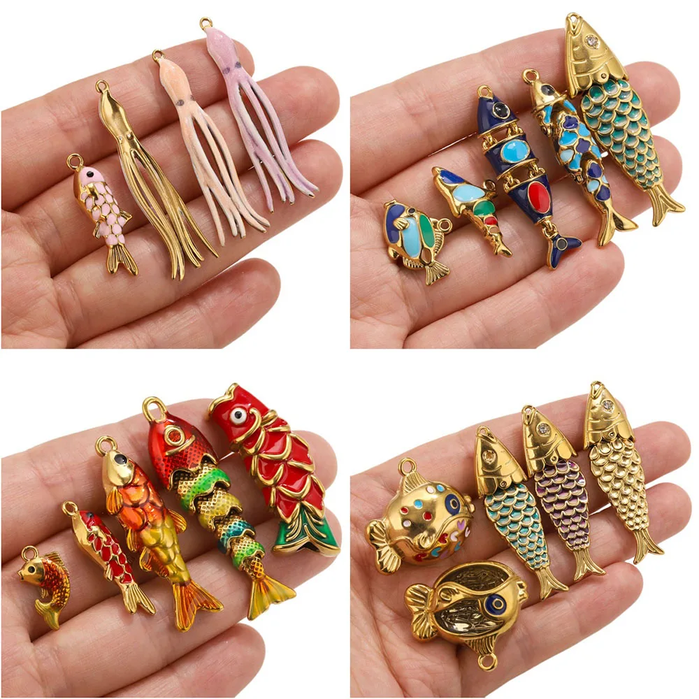 1-5 Stück Charm-Anhänger Ozeanfische Tierschmuck Goldfarben Roter Edelstahl Emaille Fisch-Charms DIY Ohrringe Damenschmuck – Detail 2