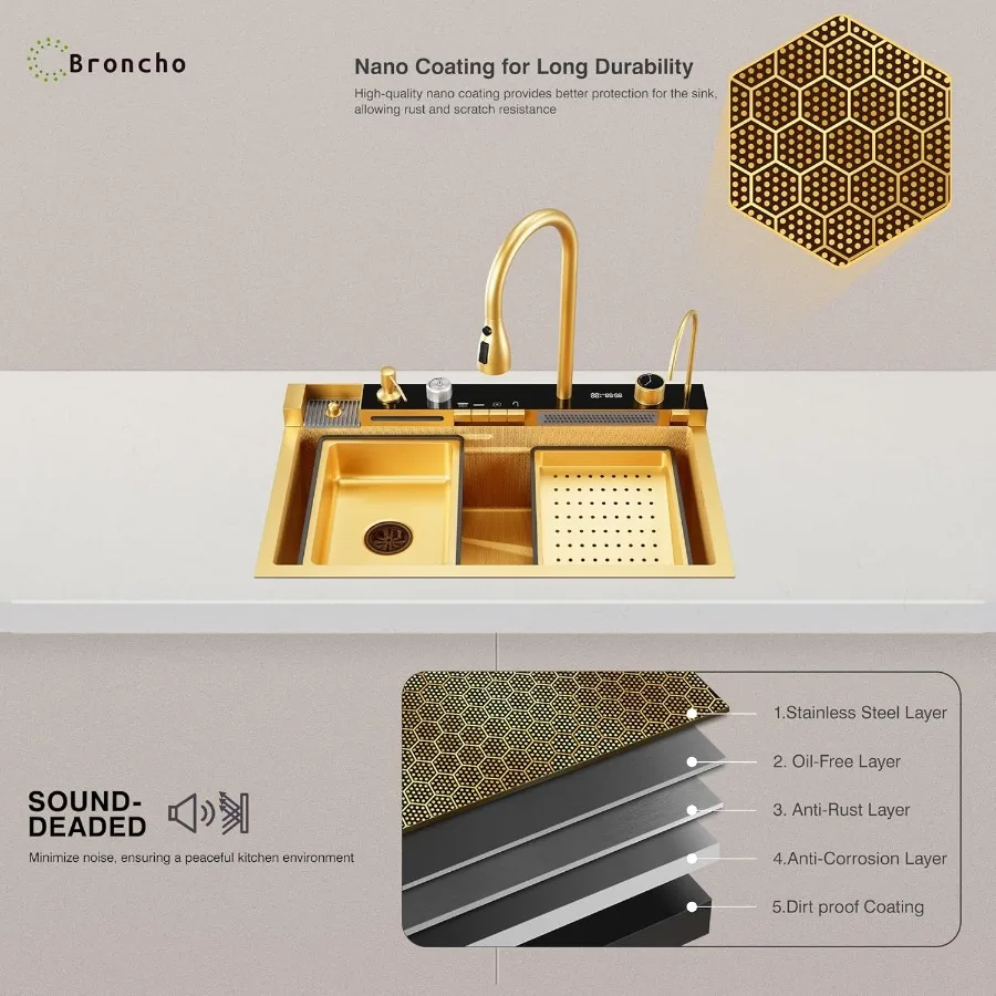 29.5 x 18 Inch Gold 304 Stainless Steel Smart Waterfall Kitchen Sink Set with Pull-down Faucet Drain Basket Inside-Basin Organi