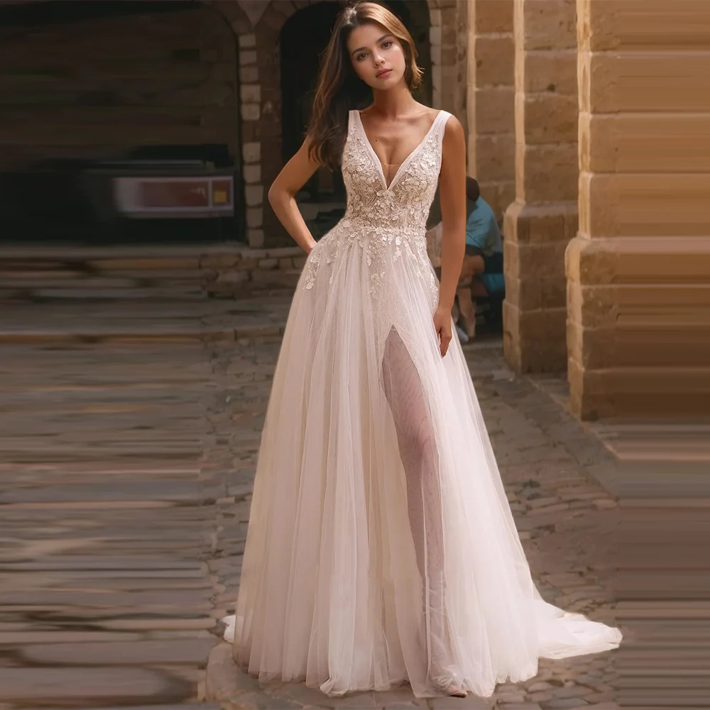 

2025 Elegant V-Neck Women Wedding Dresses Gorgeous A-Line Sleeveless Bridal Gowns Mopping Length Party Robe De Mariée Customized
