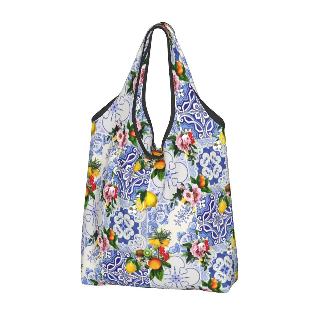 

Custom Mediterranean Summer Fruit Lemons Tiles Shopping Bag Women Portable Large Capacity Groceries Shopper Tote Bags