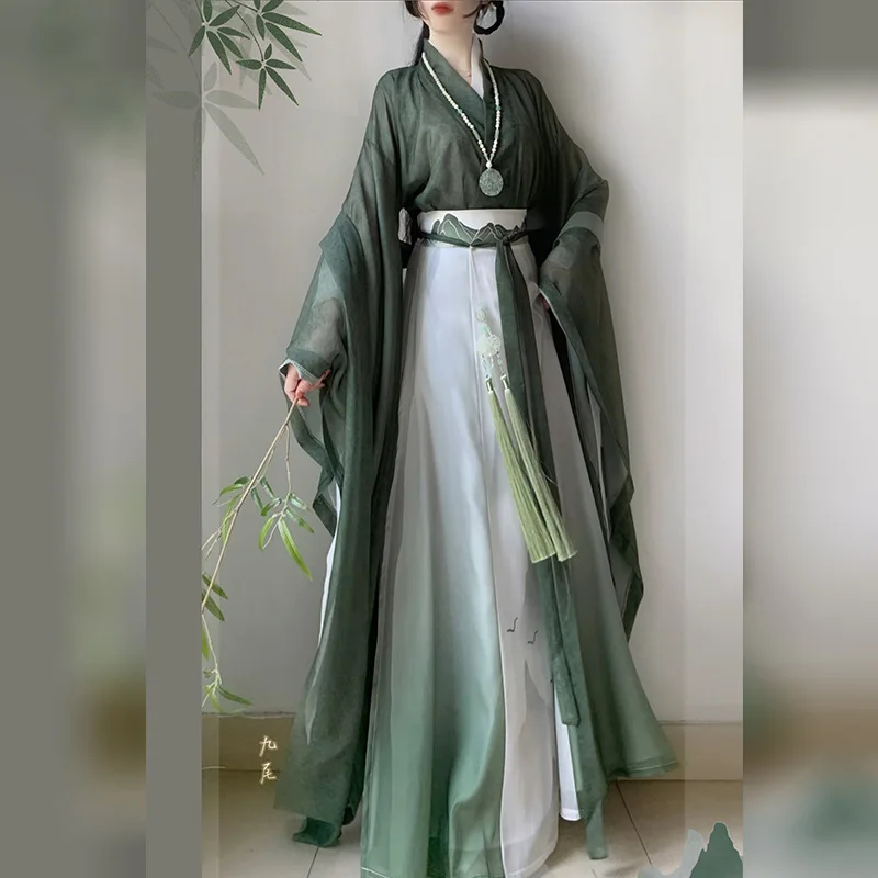 Chinese Tradition Hanfu Suit Green Costume Women Ancient Chinese Cosplay Dance Dress Wei Jin Dynasty Princess Style Outfit