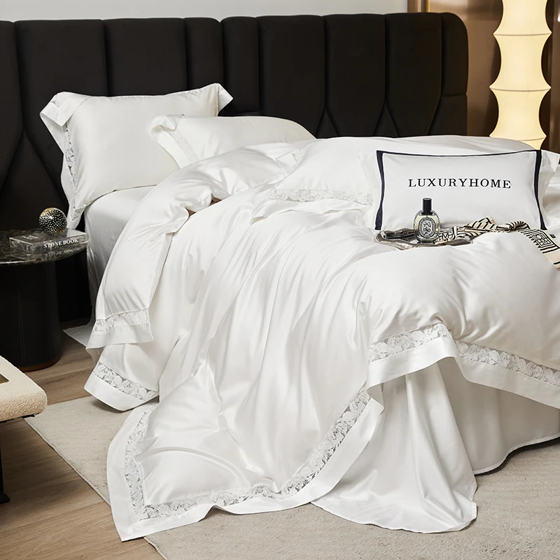 

1000TC Lyocell Cotton Hollow Flowers Wide Edge Luxury Bedding Set Soft Silky Duvet Cover Flat/Fitted Bed Sheet Pillowcases 4Pcs