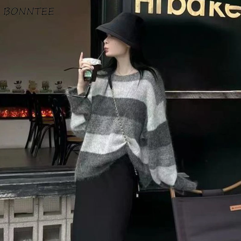 

Knitted Pullovers Women Autumn Winter Vintage Contrast Color Stripe Korean Style Clothes Simple Loose All-match Stylish Feminine