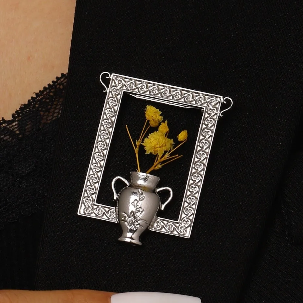 French Vintage Wearable Flower Vase Necklace Baroque Style Silver Plated Frame Vase Brooch Miniature Size Metallic Texture