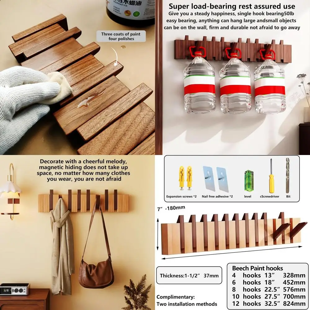 

Настенная вешалка для одежды из натурального орехового дерева с 4 крючками, идеально подходит для гардеробной, кухни, спальни и прихожей.