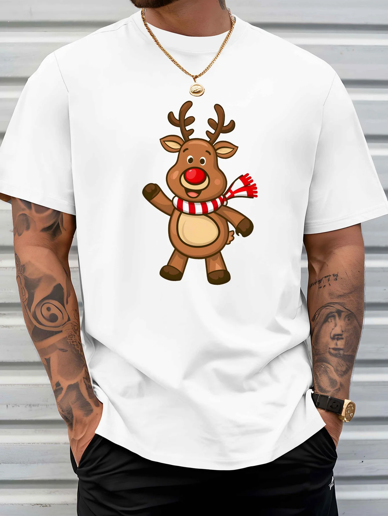 Cute Red Nose Reindeer Christmas Graphic Mens T Shirt Rudolph Short Sleeve Crew Neck Cotton Tee Xmas Holiday Casual Top