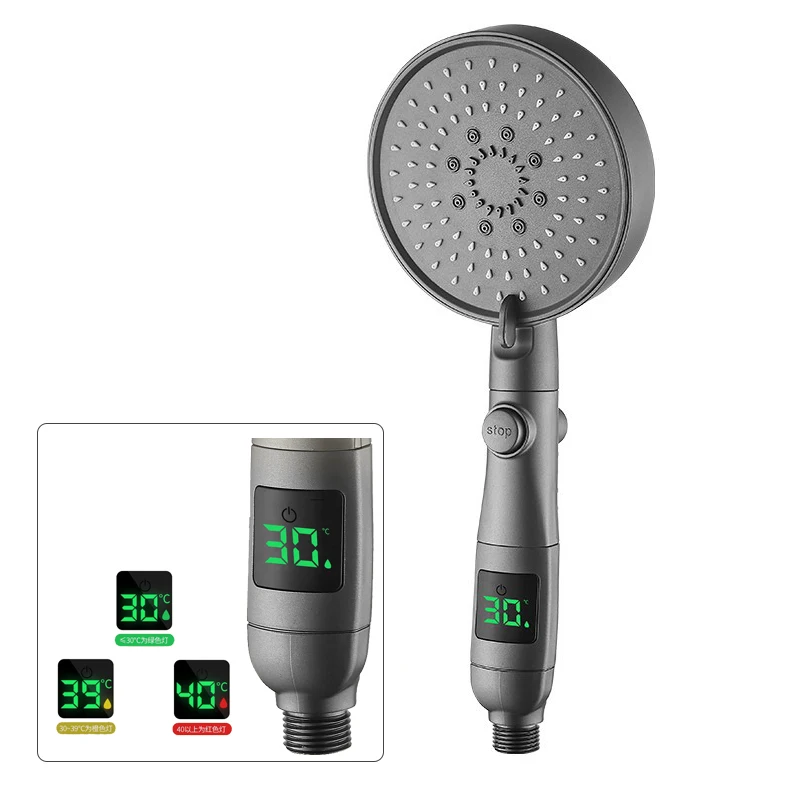 5 Functions Shower Head Hand Big Digital LED Display Rainfall Black One Stop Water Bath Faucet Accessories Bathroom