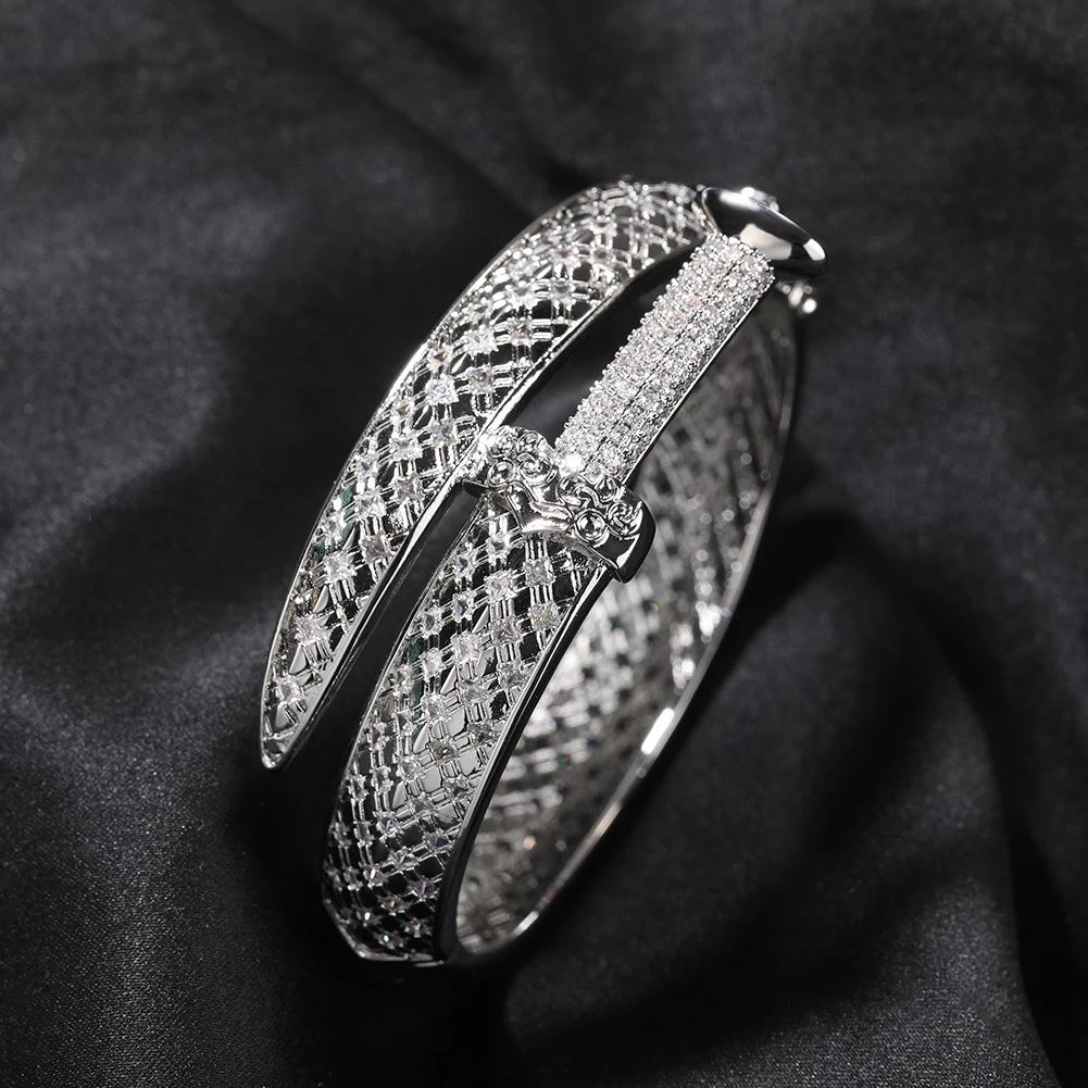 THE BLING KING Men's Iced Sword Bangle White Gold Plated Snake Scales Shaped Vintage Adjustable Cuff Bracelet Hip Hop Jewelry