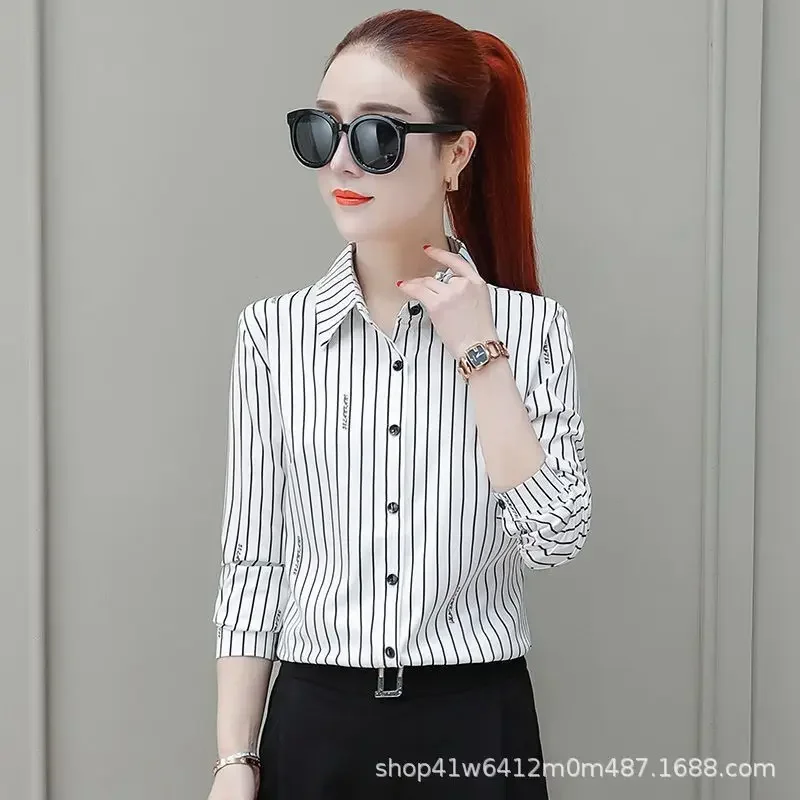 Striped Irregular Blouses Turn-down Collar Button Formal Office Lady Casual Lightly Cooked Thin Spring Summer Women's Clothing