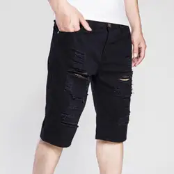 2024 New White Denim Shorts Men Ripped Knee Length Fashion Jeans Casual Hole Slim Male Short Pants Streetwear