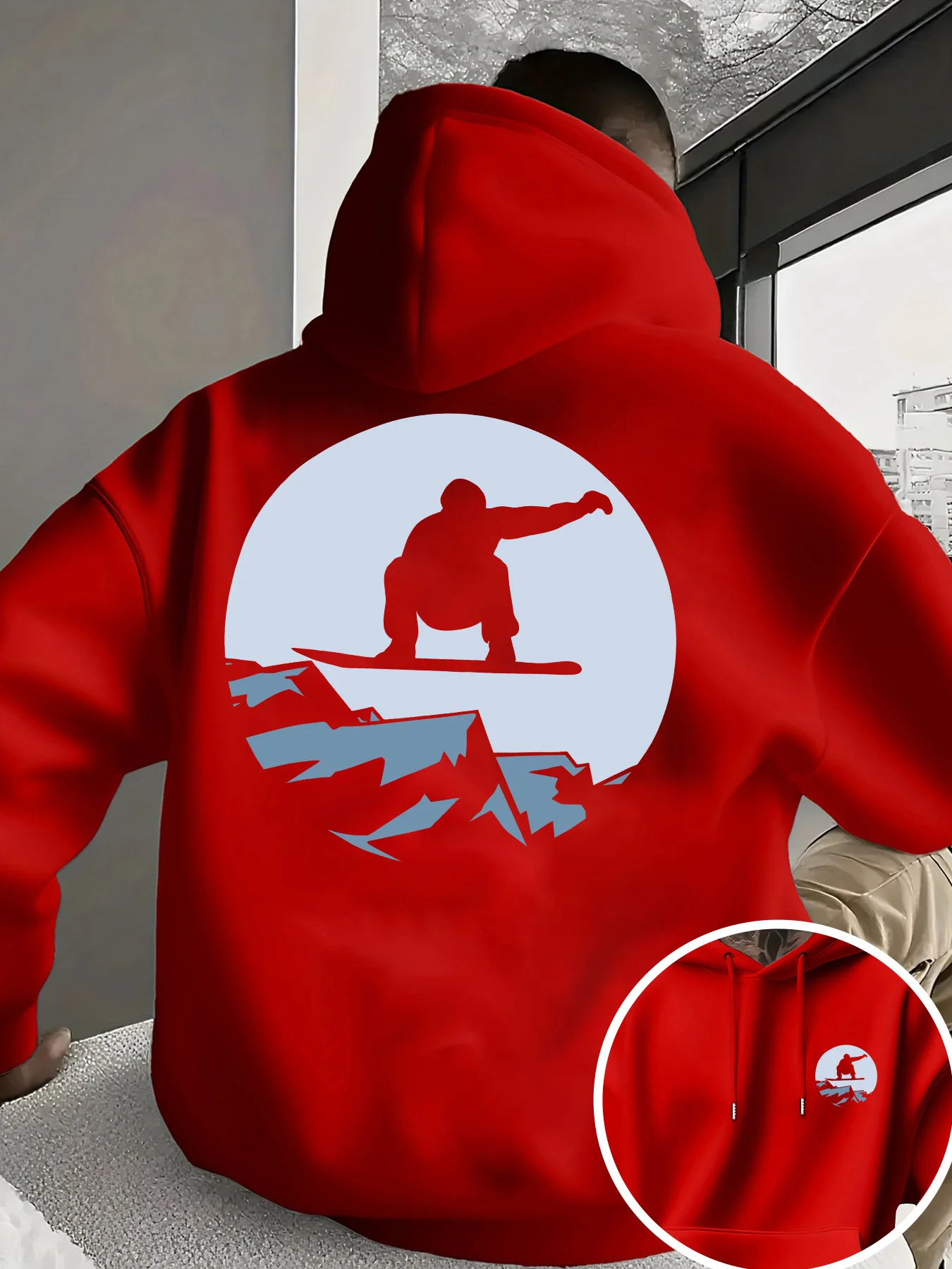 Winter ski resort men's pullover hooded sweater with extreme skiing pattern print, casual and loose-fitting warm hooded sweater