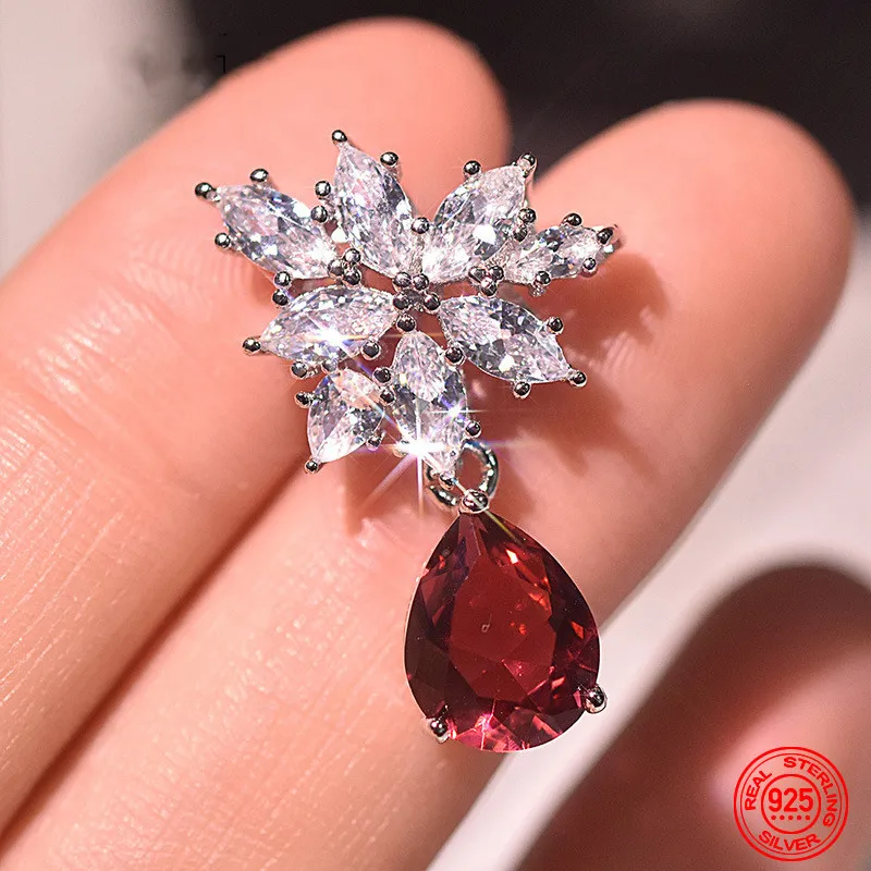 925 فضة قطرة الماء الأحمر كريستال أقراط للنساء قلادة سحر المجوهرات هدية #4