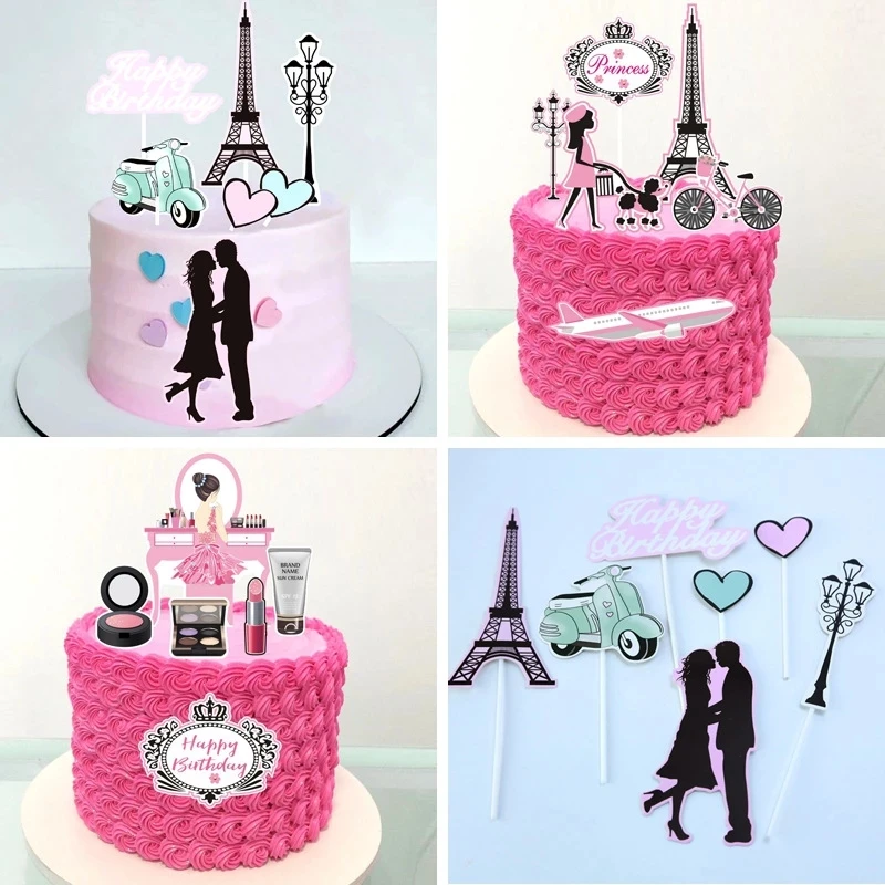 Cake Toppers Perfume Lipstick Paris Topper Eiffel Tower Kiss Cake Flags Kids Girls Birthday Wedding Bride Party Baking DIY Decor