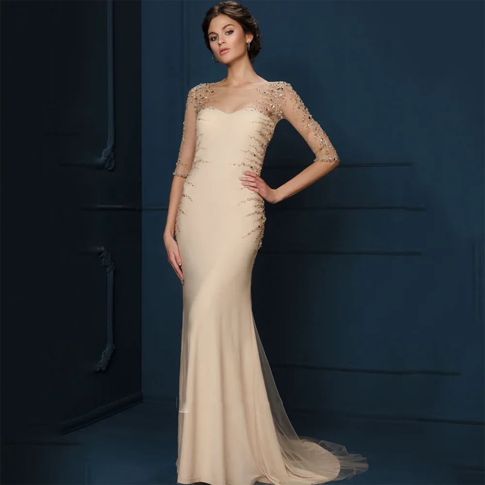 

Customzied Women's Scoop Neck Half Sleeves Prom Gowns Luxury Crystal Mermaid Hem Tulle Evening Dress Formal Party Gowns