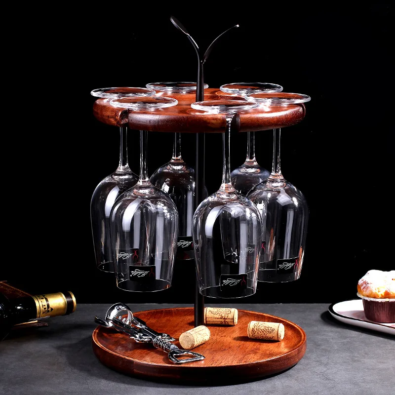 6個収納可能 逆さワイングラスラック 木製吊り下げカップホルダー 無垢材 赤ワインディスプレイスタンド グラスオーガナイザー