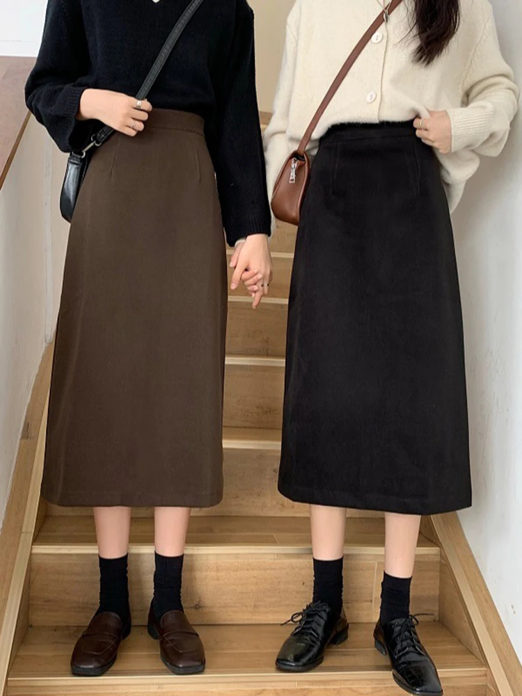 High Waist A-Line  Skirt for Women Spring Autumn Wool Blend Slimming Split Bla Hip Covering Skirts Korean Sle Commute