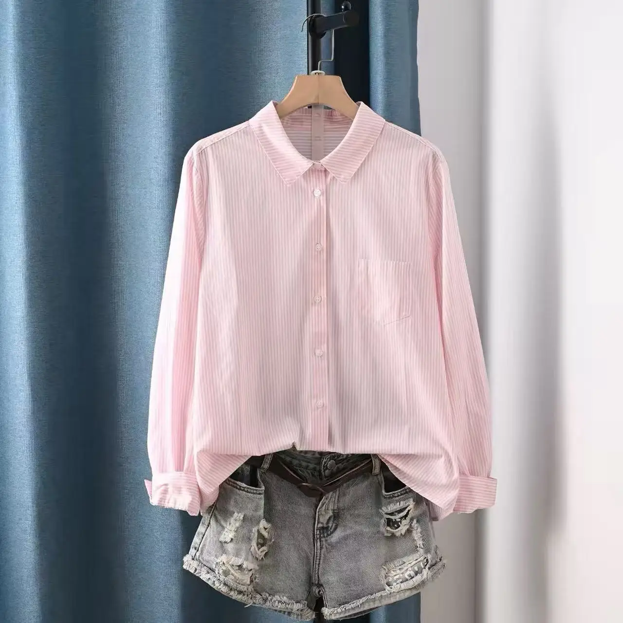 2027 Autumn clothes ladies 100% cotton pink striped women's shirts and blouses Japanese style stripes long sleeve tops