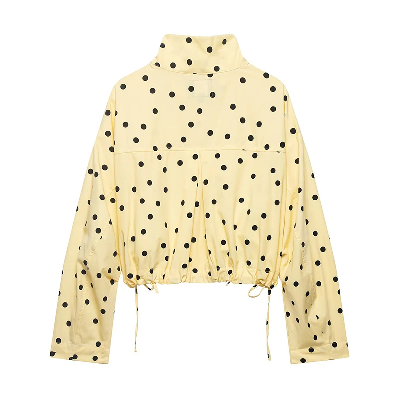 YENKYE  New 2026 Women Yellow Drawstring Design Polka Dot Cropped Jacket High Neck Long Sleeve Versatile Casual Outerwear Loose
