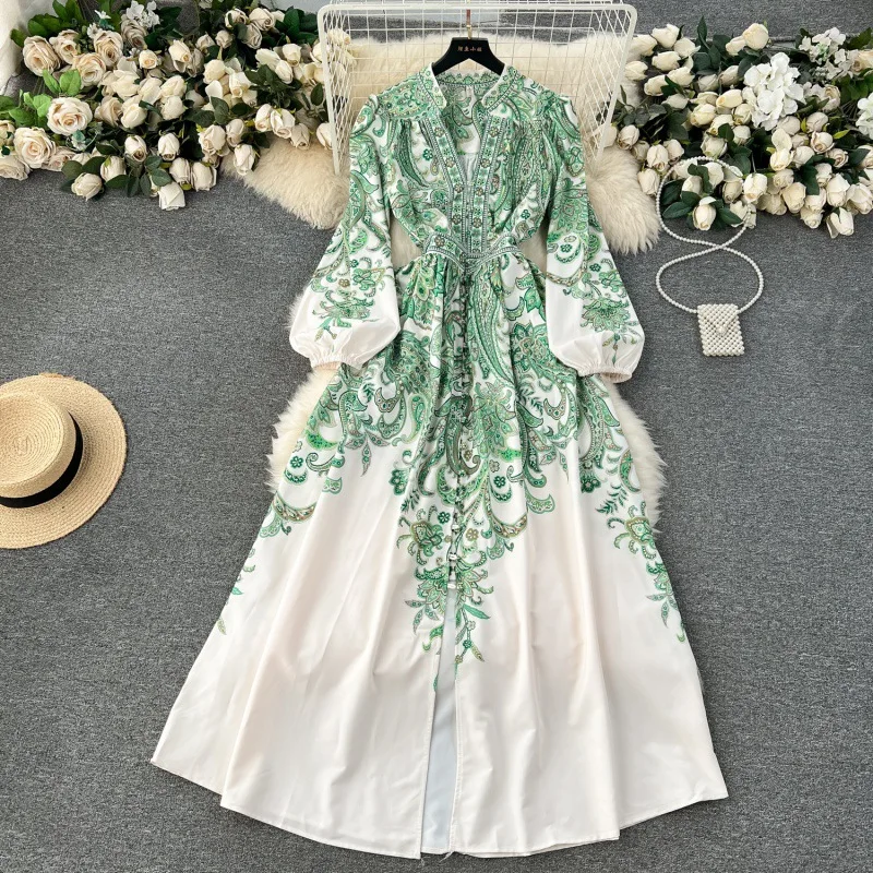 

Spring Autumn New Light Luxury Palace Style Printed Women Dress Fashionable Bubble Sleeves Wrapped Waist Female Long Dresses