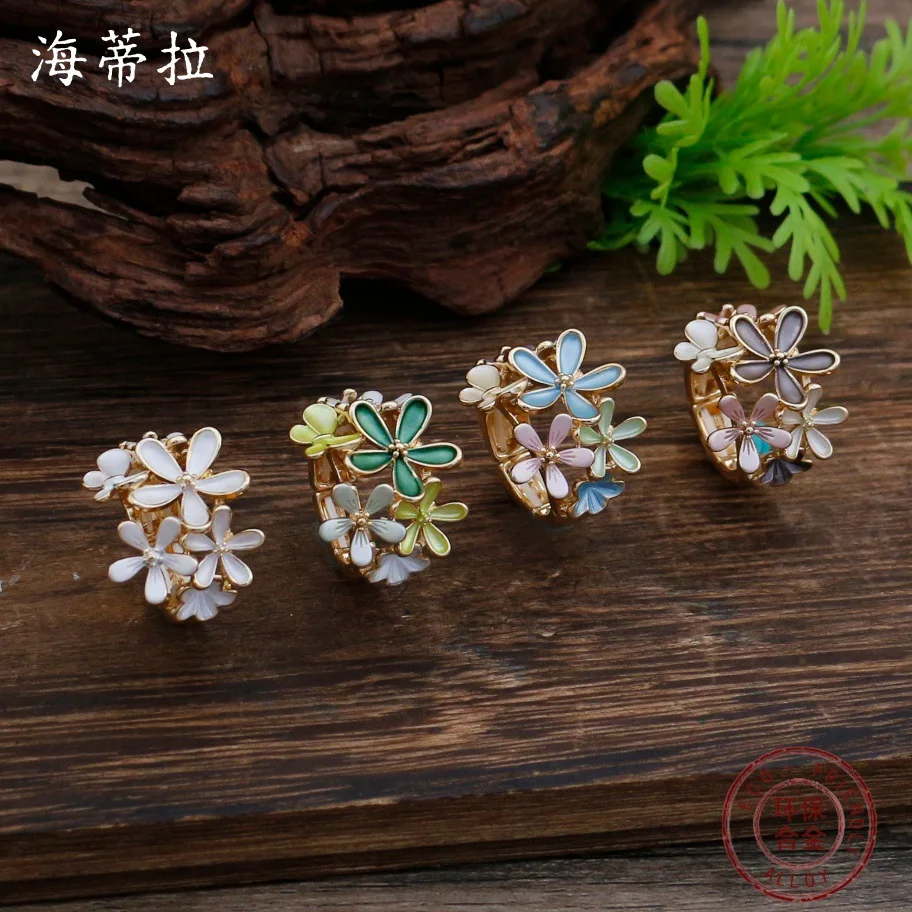 Hot-selling enamel flower elastic ring, women's fashion versatile flower cluster elastic zinc alloy ring