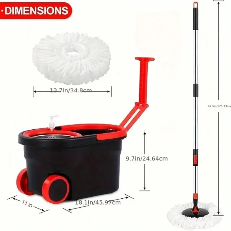 Spin Mop Bucket System with Wringer – 3 Replacement Heads, No-Hands Drying