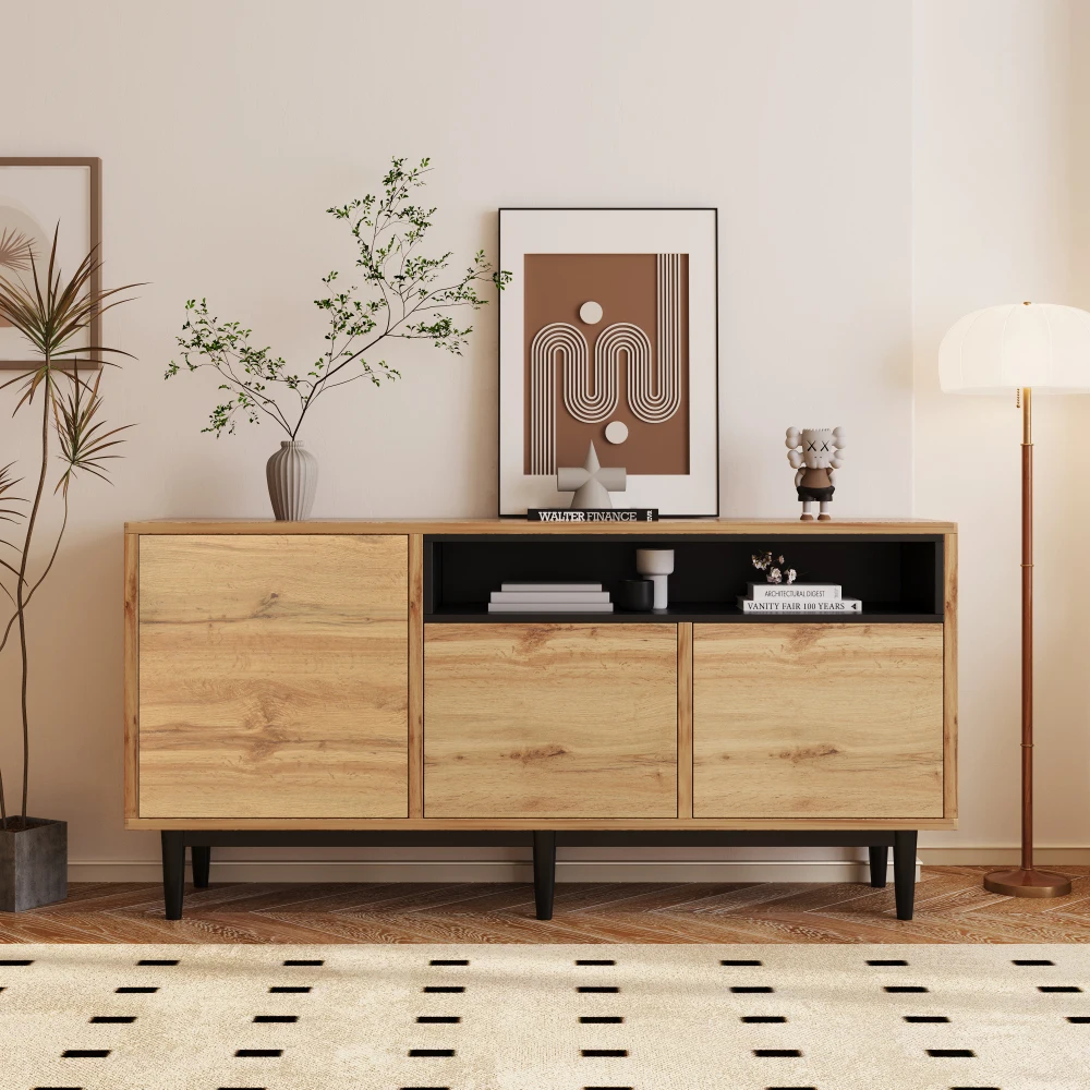 PINGGO Modernes Holz-Sideboard mit drei Türen und Regalen, platzsparendes Design, einfache Montage, robuste und zuverlässige Möbel