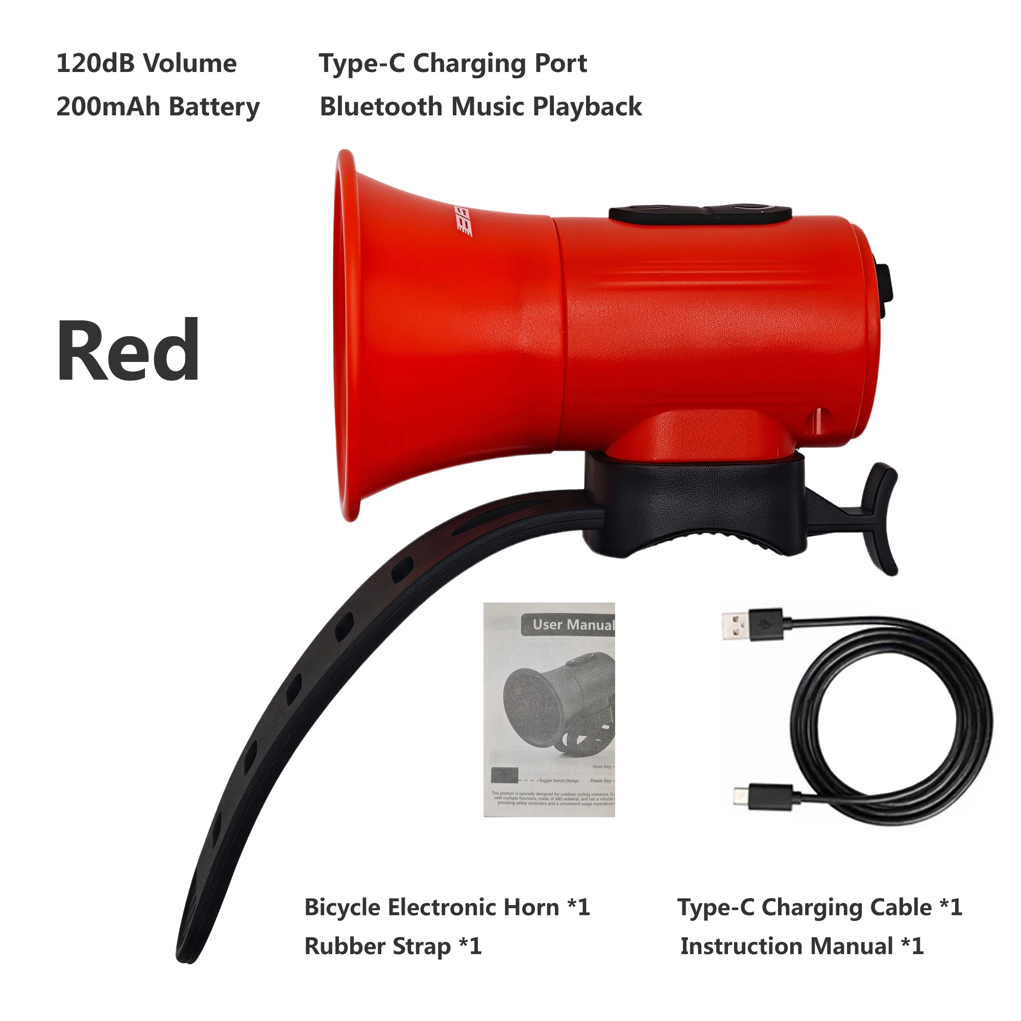 120dB Electric Bicycle Horn Bell Equipped with Bluetooth 5.0 Music Player Function 200mAh C-type Rechargeable Riding Bell