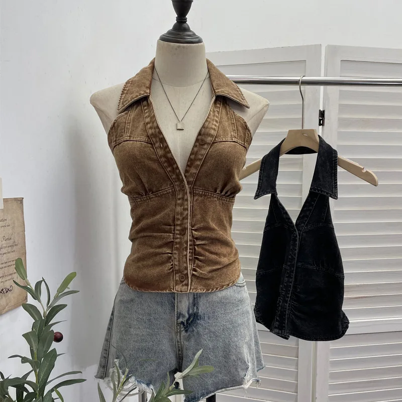 Women's Top Halter Neck V Neck Single Breasted Denim Vest Slim-Fit Back Elastic Gathered Short Sleeveless Y2K T-shirt 830