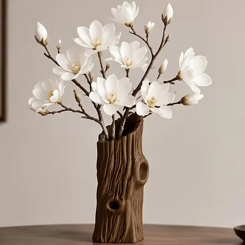 Natural Style Tree Hole Shape Flower Vase 3D Printed Rustic Style Plant Pot Artificial Driftwood Desktop Decor Planter Tea Room