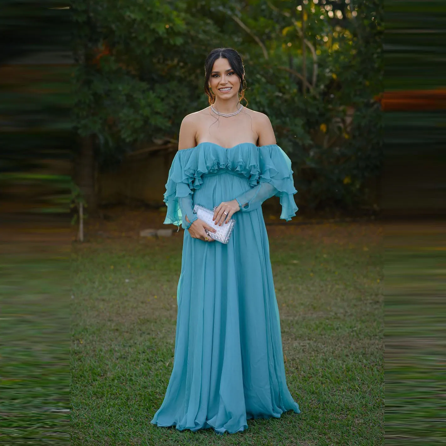 Mulheres fora do ombro chiffon plissado manga maxi vestido verão elegante azul festa de verão vestidos babados em camadas vestido formal