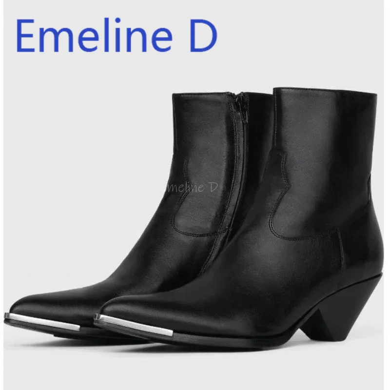 

Men's Leather Short Boots with Fashionable Black Side Zipper Design Pointed Retro High Heels 5Cm Comfortable Chelsea Boots