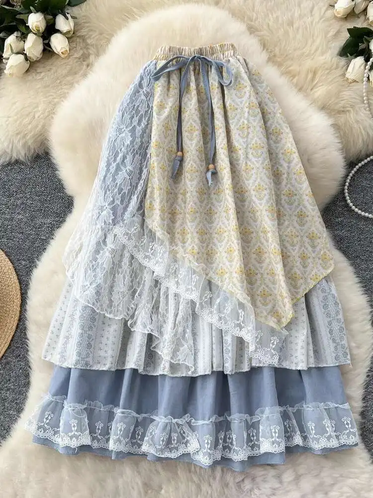 

Summer High Waisted Midi Skirt Women Lace Patchwork Irregular Floral Patterns Printed Skirts Vintage A-line Skirt