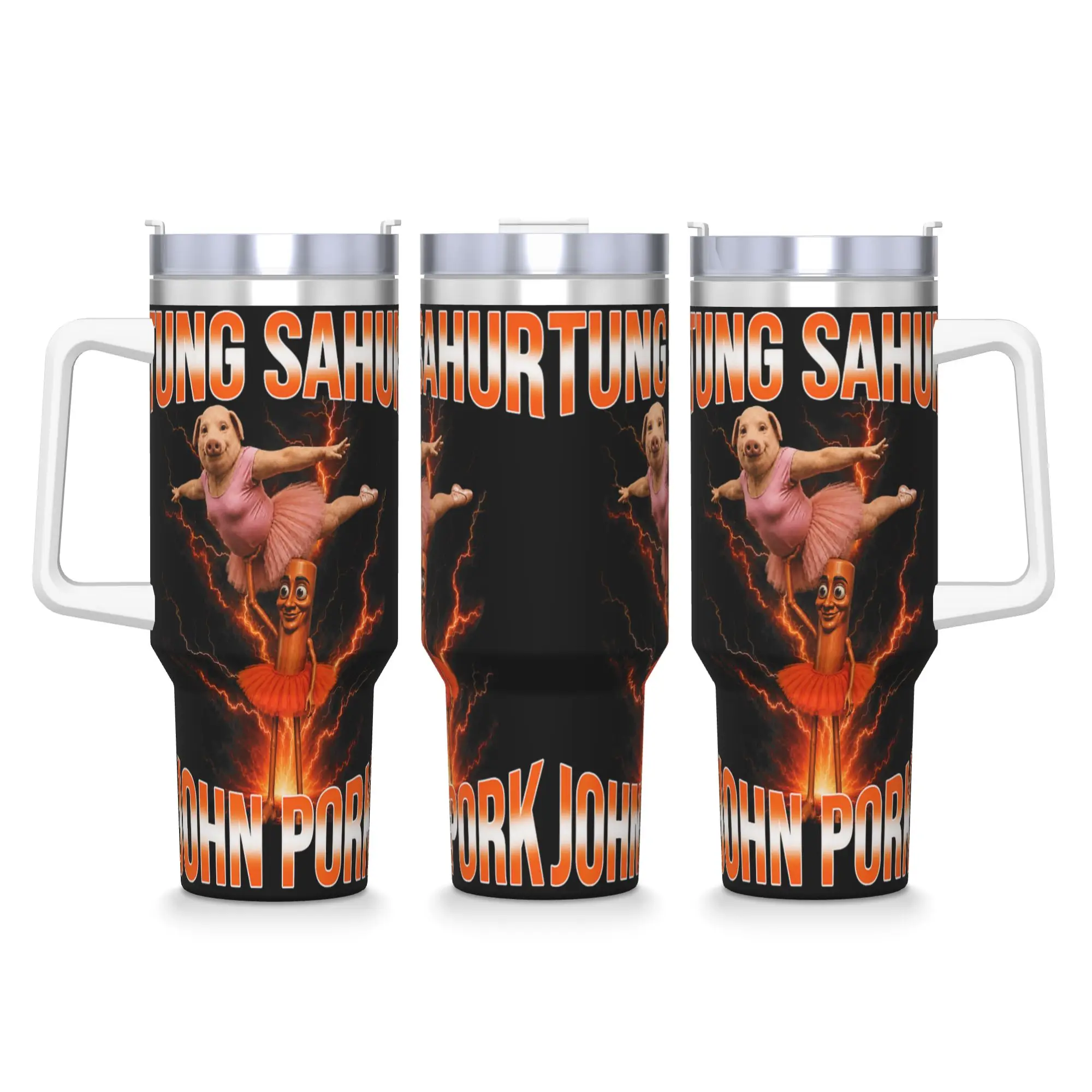 Funny John Pork and Tung Tung Tung Sahur Dance Humor Meme Stainless Steel Tumbler  Beach Car Mugs Large Capacity Thermal Mug
