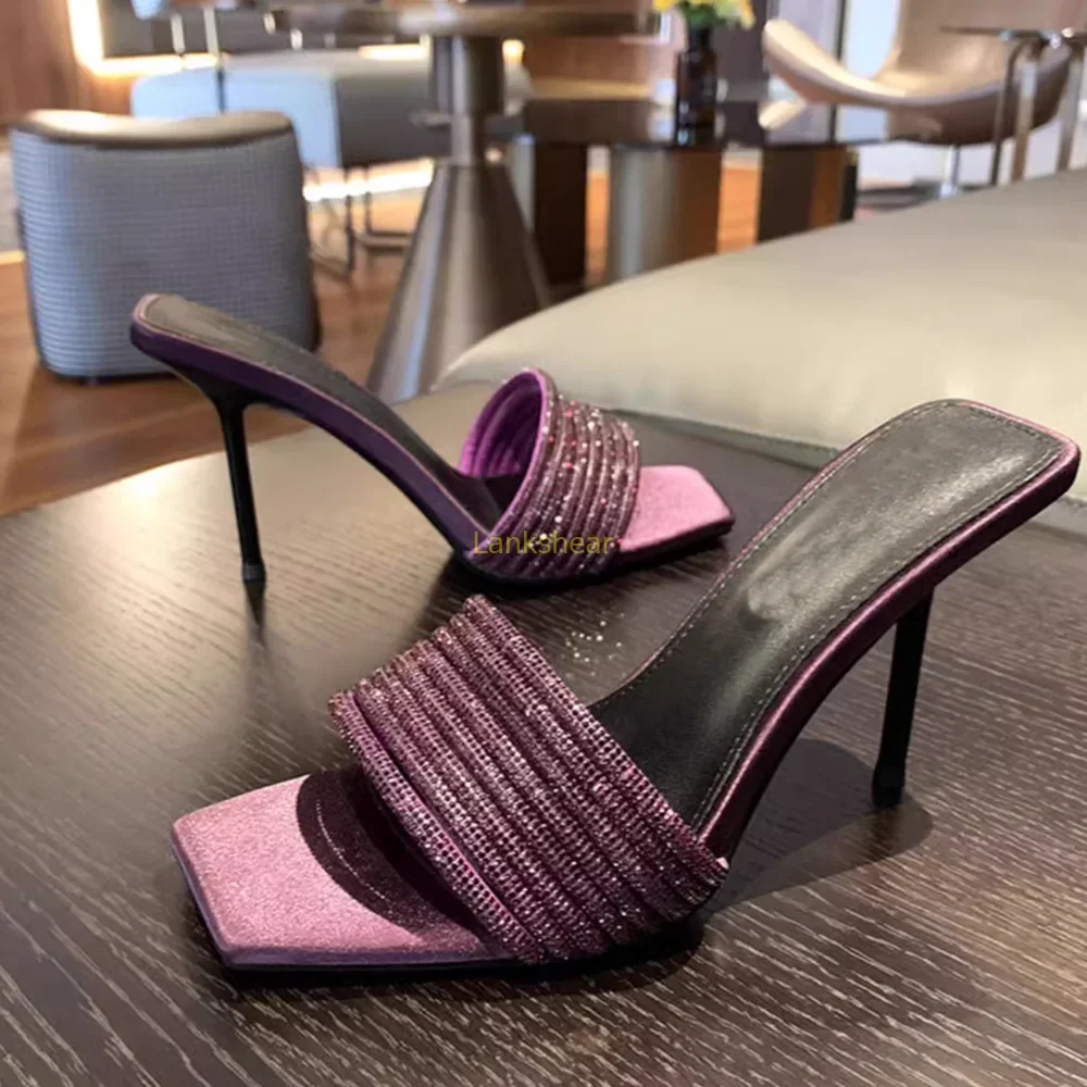 

Тапочки с квадратным носком и кристаллами, пикантные однотонные тапочки без шнуровки на тонком каблуке, новые поступления, модная женская современная обувь