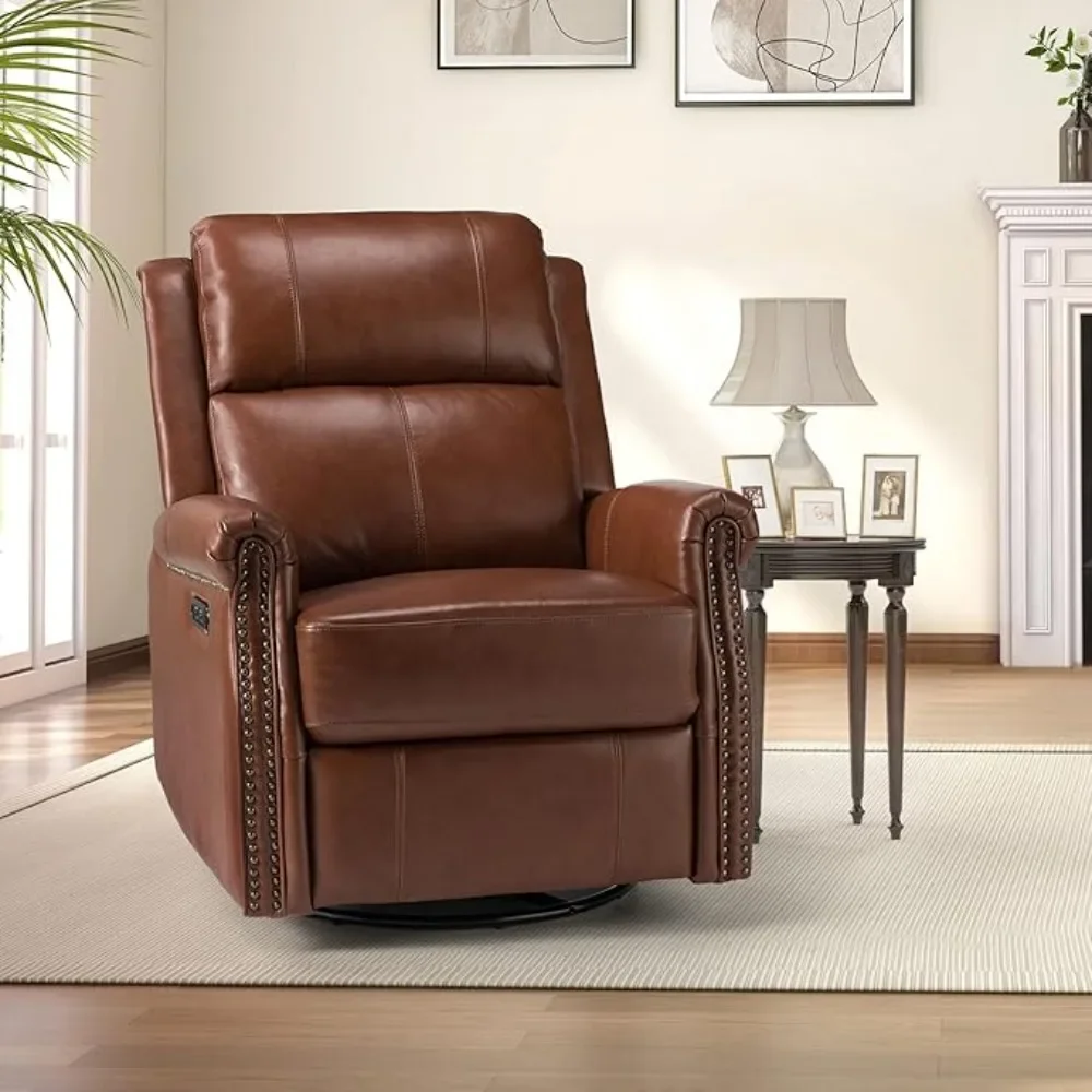 

Brown Genuine Leather Power Recliner Chair with USB Port,Swivel Glider Recliner with Nailhead Trim,Metal Base,Living Room Chairs