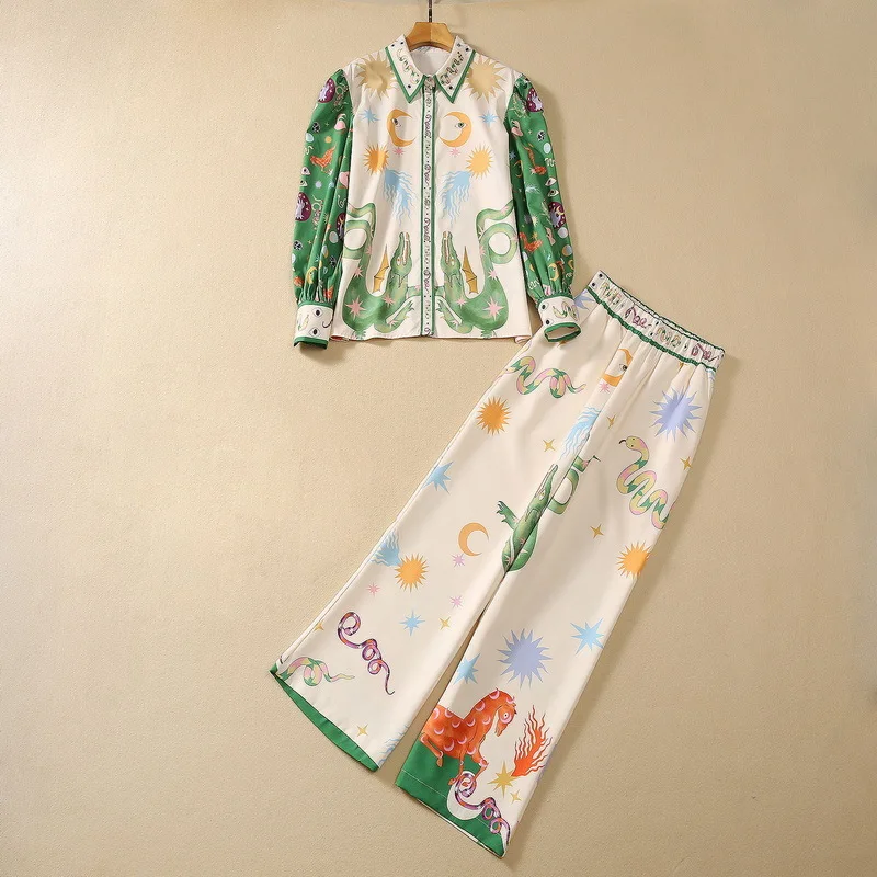 

European and American women's clothing 2023 autumn new Long-sleeved cartoon animal print shirt Wide leg pants Fashion suit