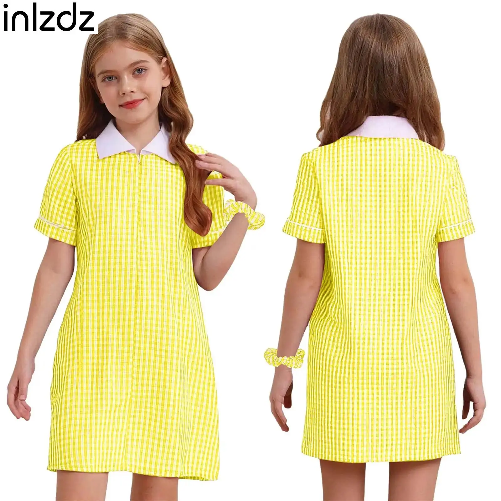 

Kids Girls Plaid School Dress with Elastic Hairband Short Sleeve Pleated Hem A-line Dress School Uniform for Daily Casual Party