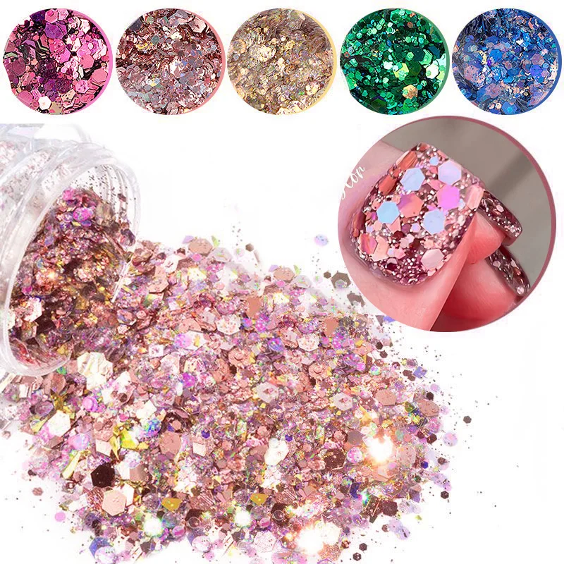 Nagel Glitter Pailletten Nail Art Chrom Pulver funkelnd glänzend gemischte Form Sechseck Flocken Dekor für Acryl Nägel Werkzeug