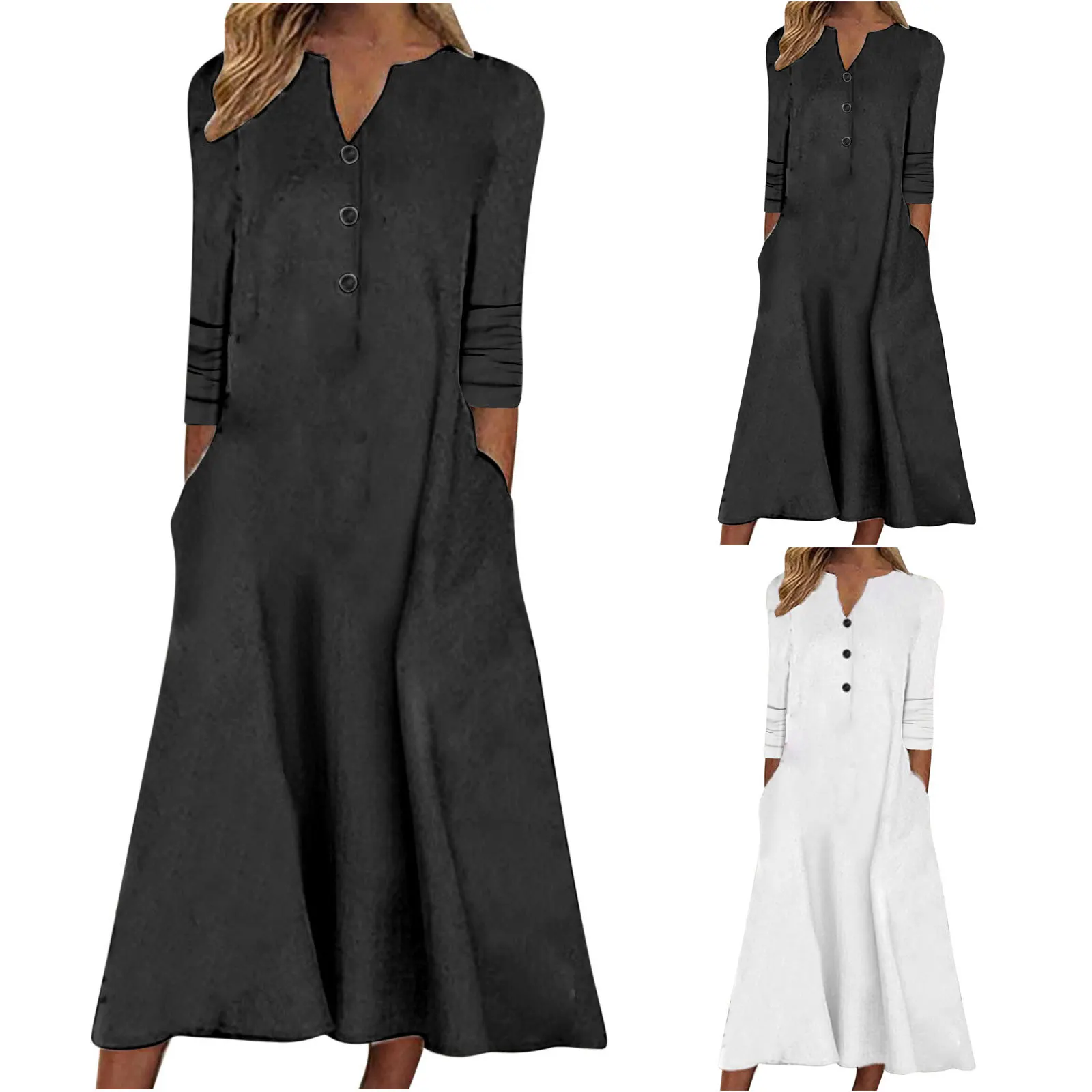 

Women Button Long Sleeve Loose Solid Maxi Long Dress Summer Female Casual Pocket Blouse Party Dresses