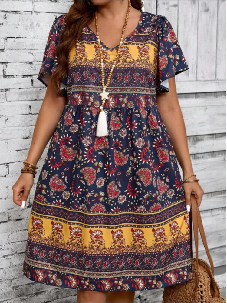 New Boho Fashion Print Loose Dress Female Casual V Neck Short Sleeve Dresses For Women 2025 Summer Beach Holiday Vintage Dress