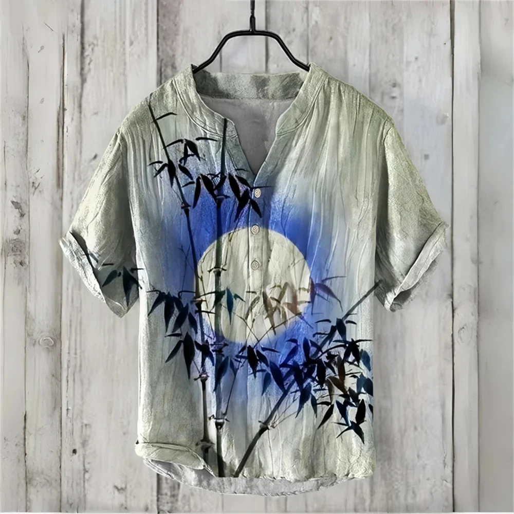 New Men's Short Sleeve Linen 3D Printed Shirt Hot Sale Artistic V-Neck Daily Casual Shirt Men's Fashion Street Shirt S-5XL
