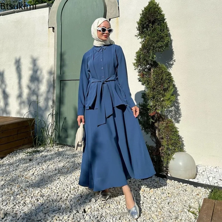 

2024 Elegant Two Piece Sets for Women Muslim Lace-up Shirt and Long Skirt Suit Arabic Islamic Clothing Chandal Mujer Musulmana