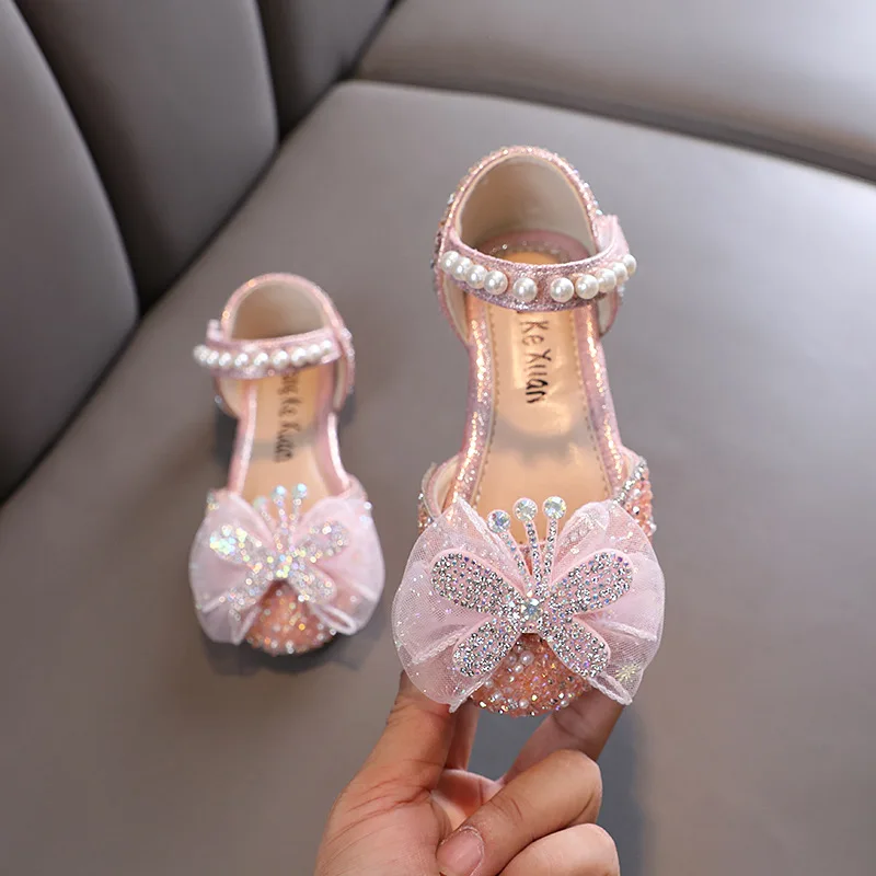 Baby Girl Shoes Fashion Non-slip Pink Princess Pearl Wedding Dance Sandals Leather Shoes Elegant Glitter Flat Shoes for Children