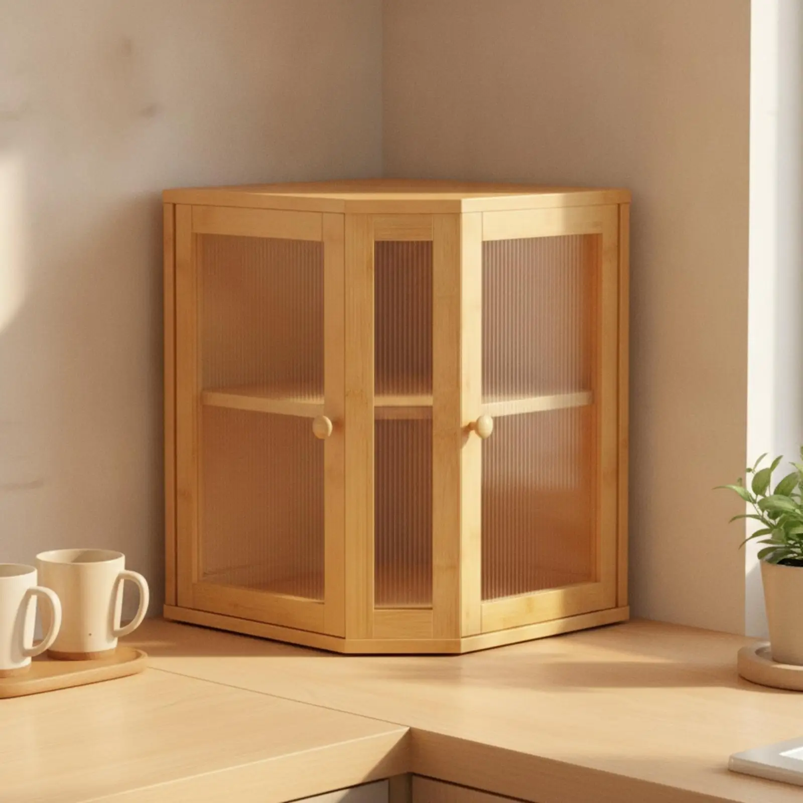 Storage Cabinet Compact Bamboo Wood Corner Food Storage Cabinet Natural