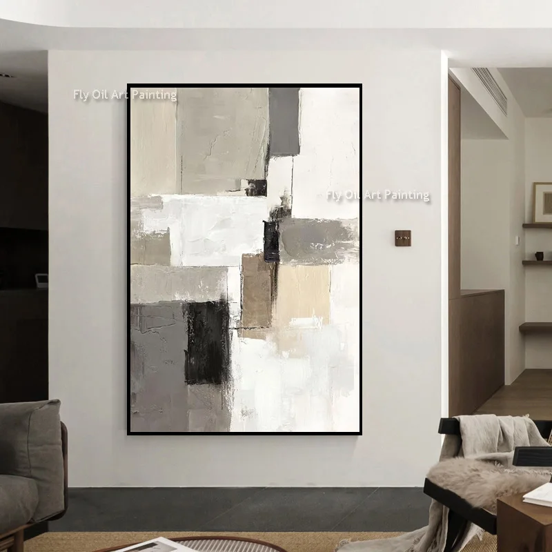 Hand Painted Textured Abstract Oil Painting, Neutral Beige Grey Geometric Canvas Art, Minimal Vertical Wall Decor