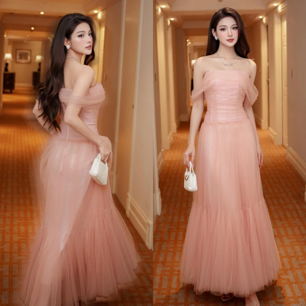 Customized Simple Pink Tulle Evening Dress Exquisite Strapless Off the Shoulder Homecoming Dresses Luxury Vestido De Festa